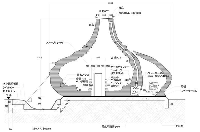 億伽設計-湯泉設計-洗浴設計-SAZAE桑拿房：1500塊膠合板構成的螺旋體量